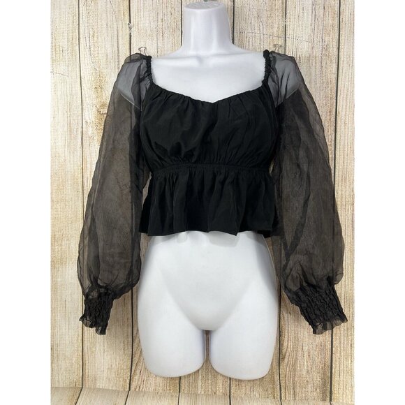 Women Black Milkmaid Cropped Top S Organza Puff Sheer Sleeve Coquette Whimsygoth - Picture 2 of 8